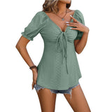 V-neck Drawstring Design Short-sleeved Top Summer Solid Color T-shirt Womens Clothing-Green-6