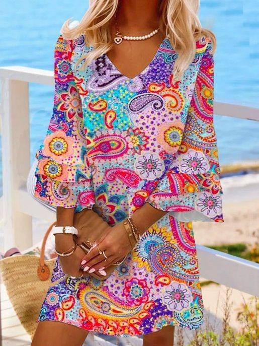 V-neck loose fitting short skirt printed beach vacation-5