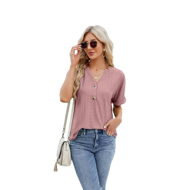 V-neck Rolled Hem Short-sleeved Top Summer Fashion Button Hollow Design Loose Casual T-shirt Womens Clothing-Pink-8