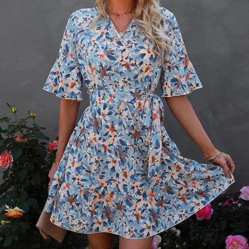 V-neck Short-sleeved Ruffled Floral Dress-Yellowfloweronblue-2