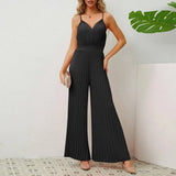 V-neck Suspender Pleated Jumpsuit Solid Color Loose Straight Pants Womens Clothing-Black-9