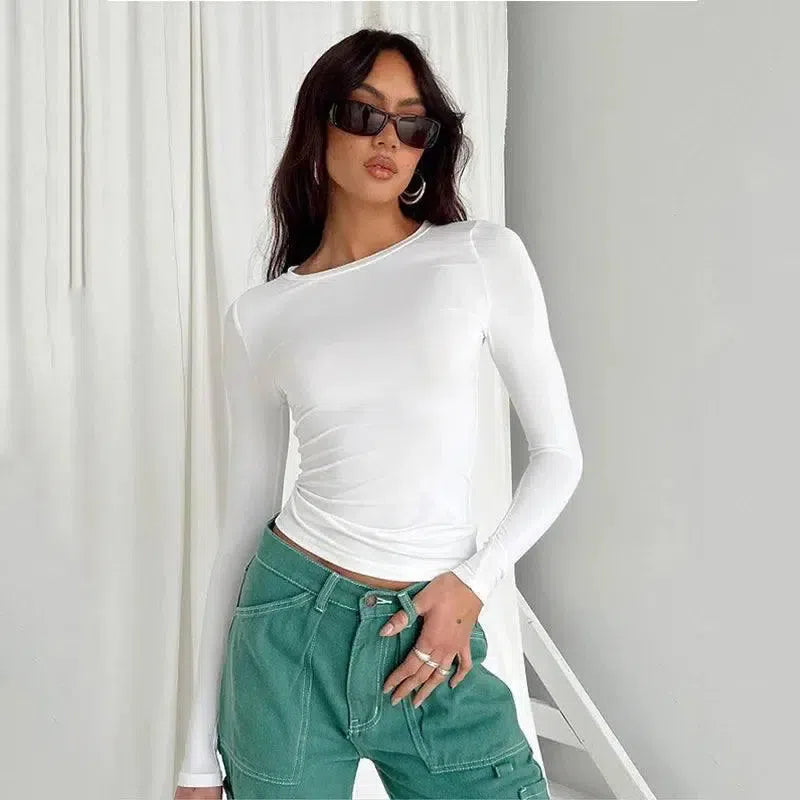 Women Casual Long Sleeve T-Shirts Spring Autumn Solid Slim-WHITE-10