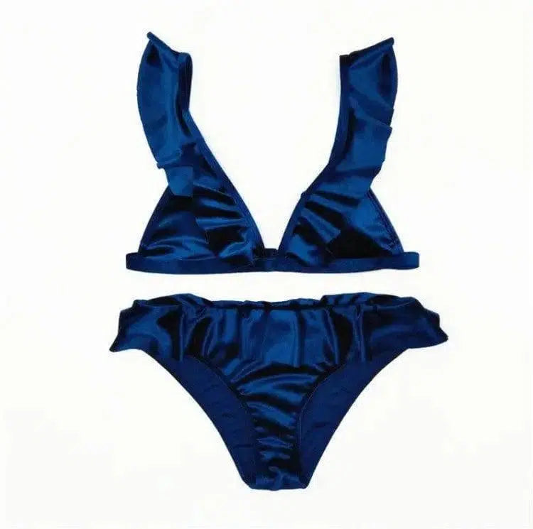 Women Ice Velvet Ruffle Bikini Sets Band-Blue-1