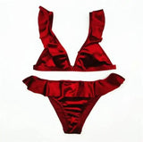 Women Ice Velvet Ruffle Bikini Sets Band-Red-7