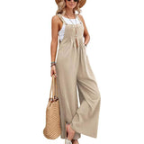 Women Long Bib Pants Overalls Casual Loose Rompers Jumpsuits With Pockets-Khaki-10