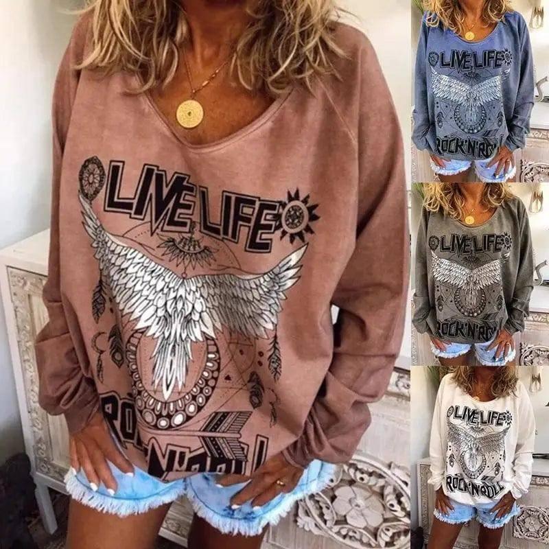 Women Loose Round Neck Printed Sweater-1