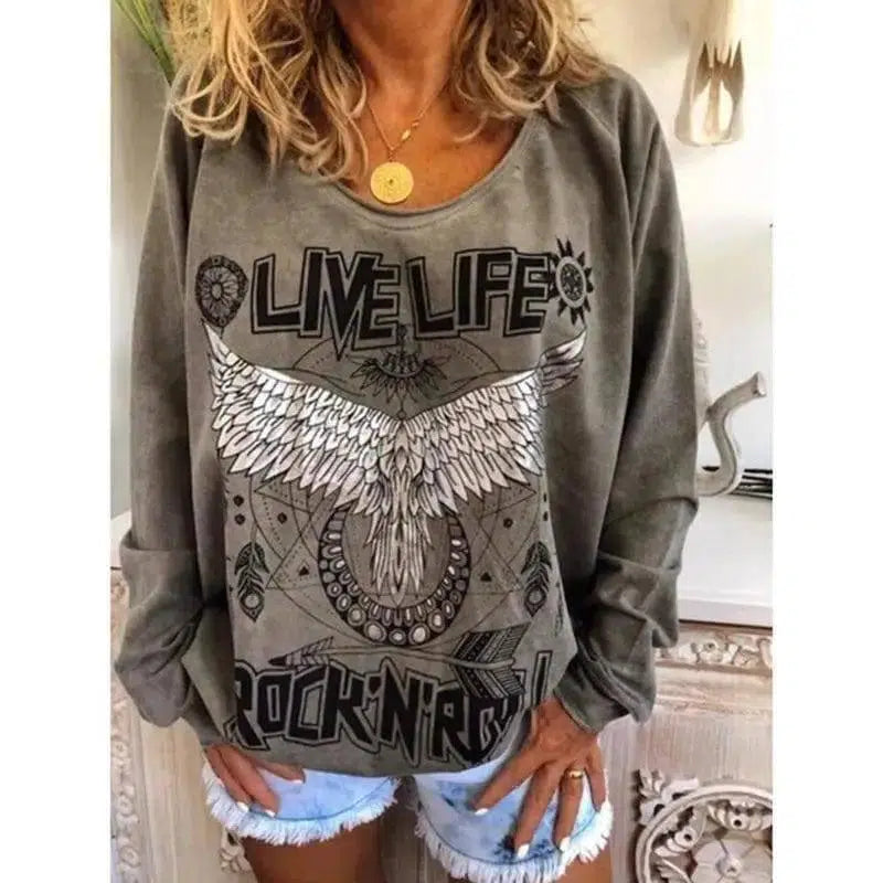 LOVEMI - Lovemi - Women Loose Round Neck Printed Sweater