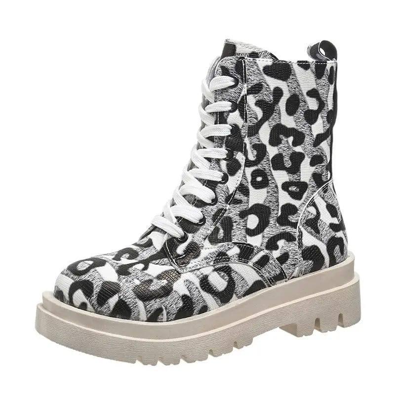 Women Martin Boots Black White Leopard Print Low Heel Shoes-10