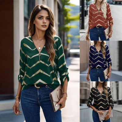 Women's Casual Long-sleeved V-neck Striped Shirt-1