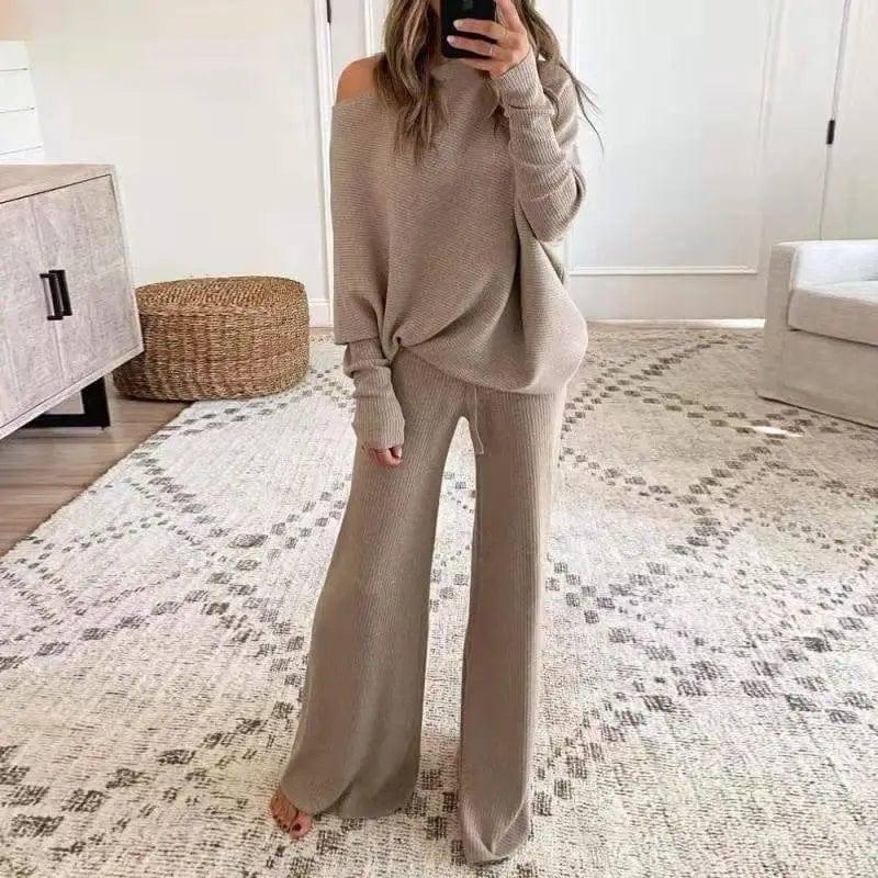 Women's Casual Solid Color One Shoulder Ladies Knit Suit-Khaki-4