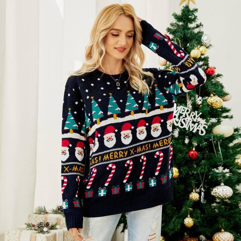 Women's Christmas Tree Sweater Pullover Snowman-Navy Blue-1