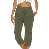 Women's Cropped Pants Cotton Linen Cargo Pocket Casual Pants Sapphire Blue / 2XL-Army Green-4