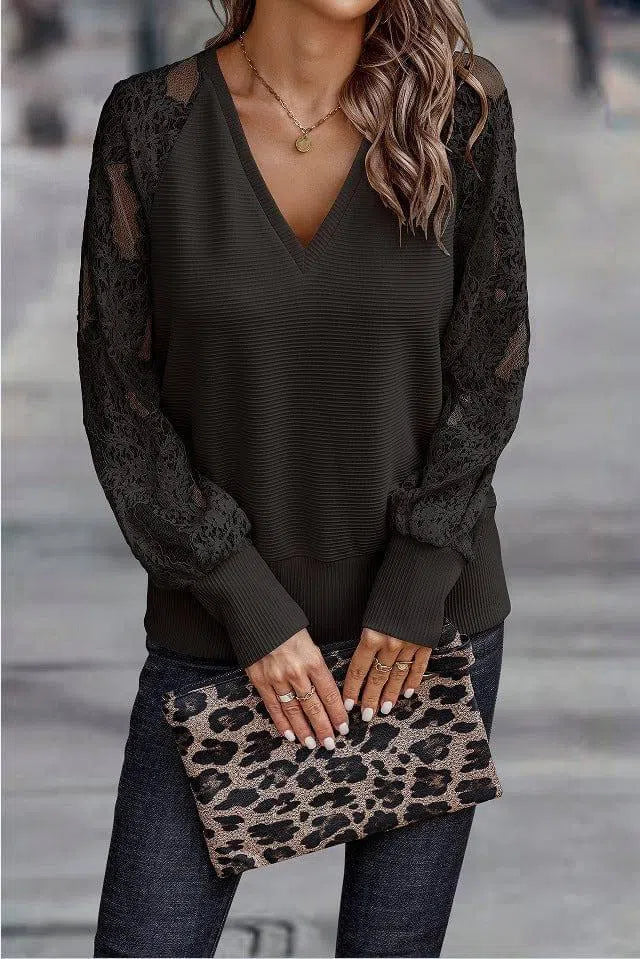 Women's Dacron Garment Long Sleeve Stitching Lace Knitted-Black-4