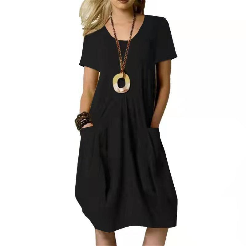 Women's Dress With Pockets Cotton Linen Solid Color Loose Round Neck Short Sleeve Dress Summer-Black-2