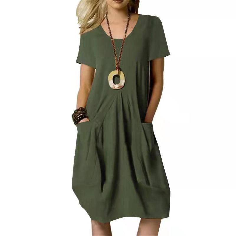 Women's Dress With Pockets Cotton Linen Solid Color Loose Round Neck Short Sleeve Dress Summer-Army green-3