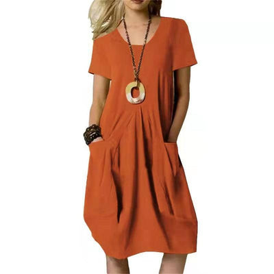 Women's Dress With Pockets Cotton Linen Solid Color Loose Round Neck Short Sleeve Dress Summer-Orange red-4