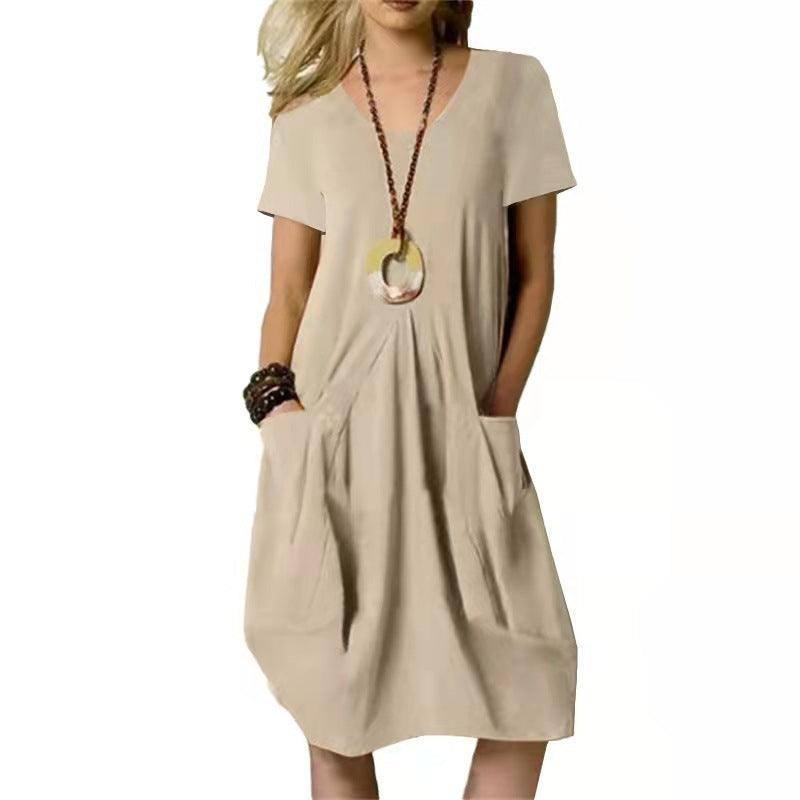 Women's Dress With Pockets Cotton Linen Solid Color Loose Round Neck Short Sleeve Dress Summer-Khaki-5