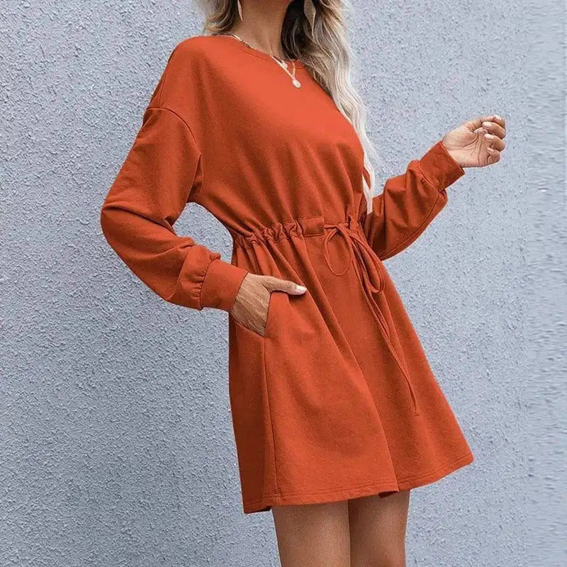 Women's Elegant Round Neck Long Sleeve Loose Dress-Orange-3