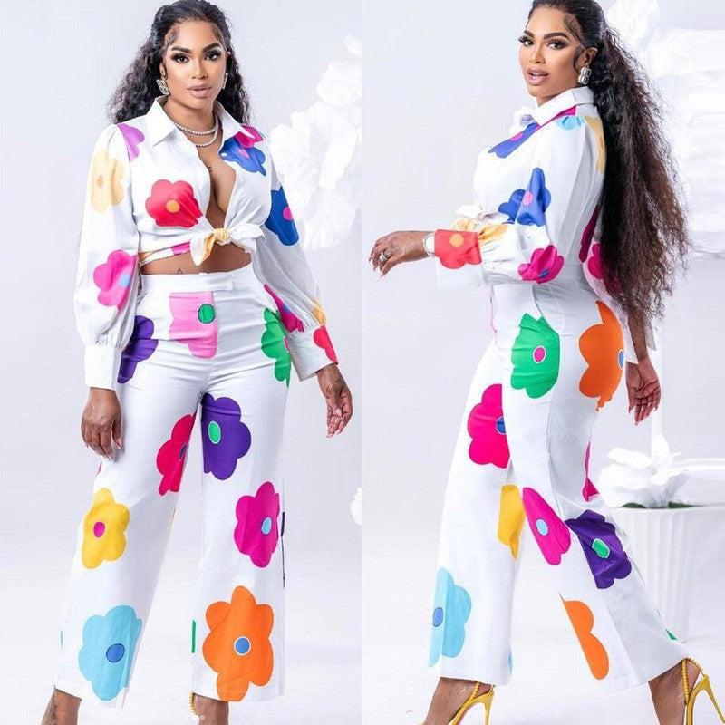 Women's Fashion Color Printed Shirt Suit Two-piece Set-2