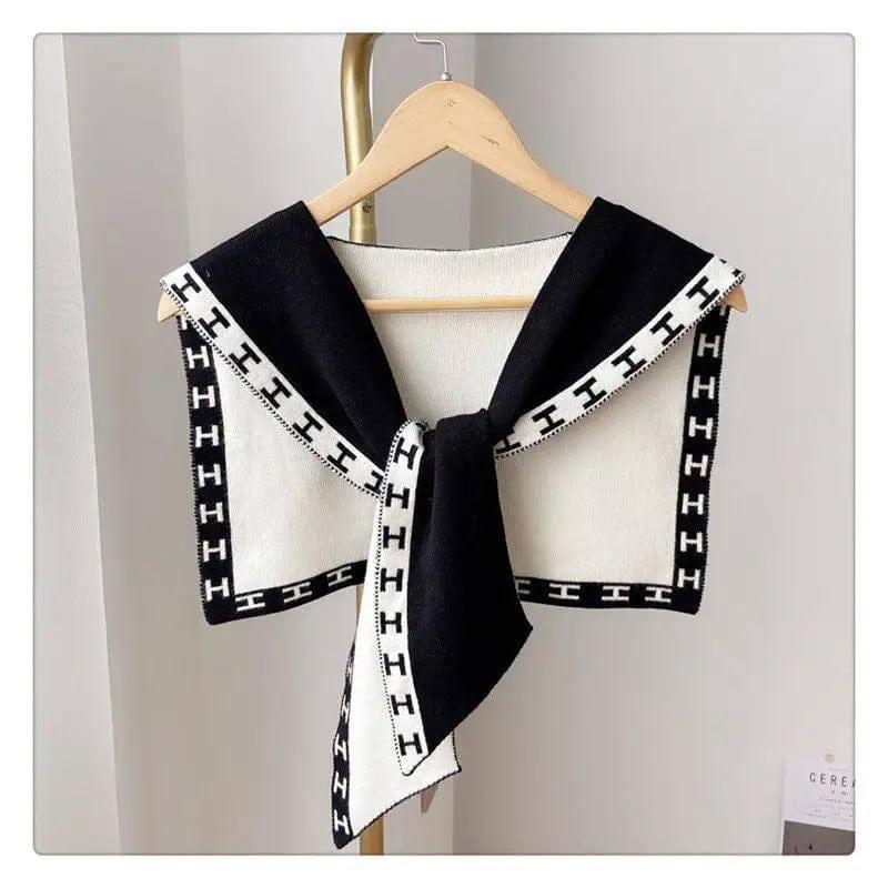 Women's Fashion Knitted Shawl With Neck Scarf-Black and white-4