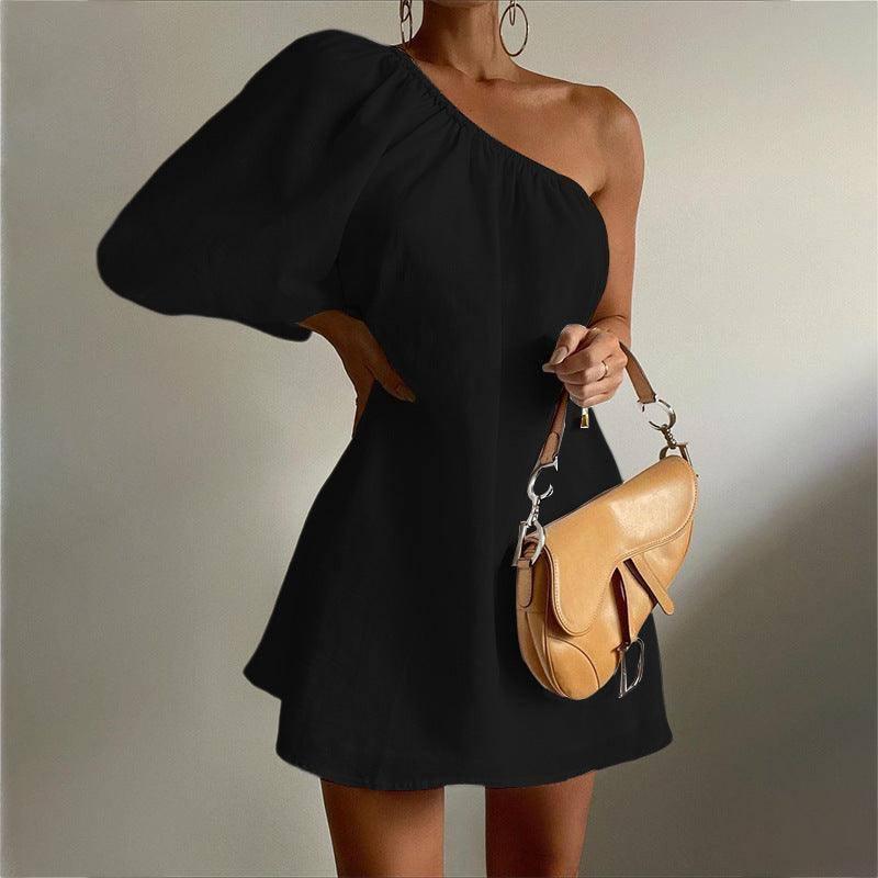 Women's Fashion Slant Shoulder Short Dress-Black-6