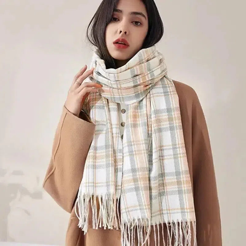 Women's Fashionable Plaid Printed Tassel Shawl Warm Scarf-3