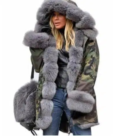 Women's fur collar coat-Army green grey-2