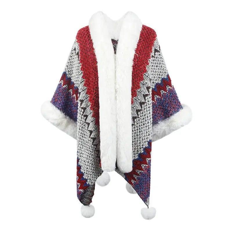 Women's Fur Collar Inverness Striped Ethnic Style-Red-8