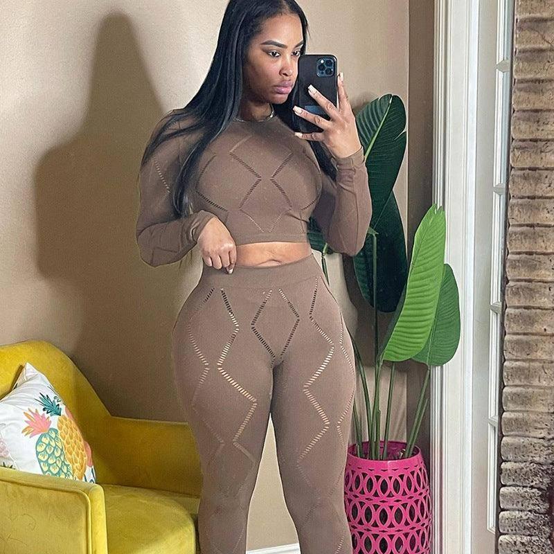 Women's Hollow-out Ripped High Waist Tight Pants Casual Sports Suit-10