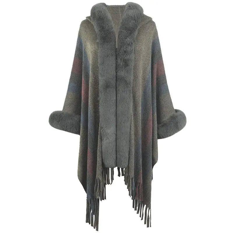 Women's Hooded Cape Autumn And Winter Striped-Gray-5