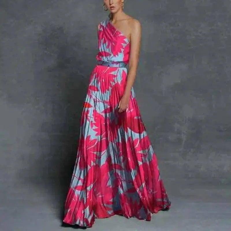 Women's Leaf Panel Off Shoulder Print Maxi Dress-Watermelonred-1