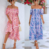 Women's Off-shoulder Smocking Printed Dress-1