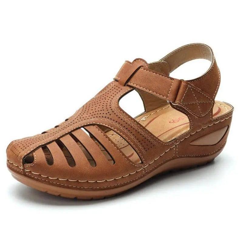 Women's Plus Size Retro Sandals Round Toe Wedge Sandals-Brown-8