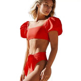 Women's Puff Sleeve Backless Bikini Split Swimsuit-Red-4