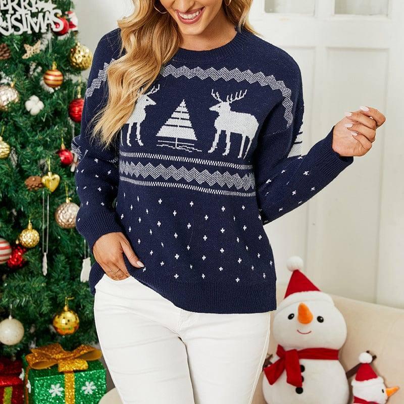 Women's Pullover Deer Jacquard Christmas Holiday Sweater-Navy Blue-2