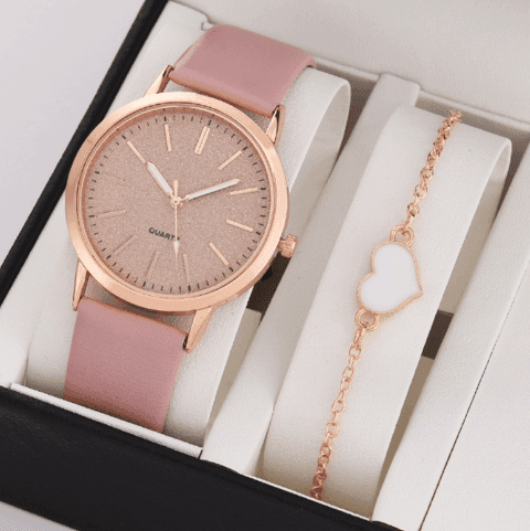 Women's Round Pointer Quartz Watch Set-Pink set-6