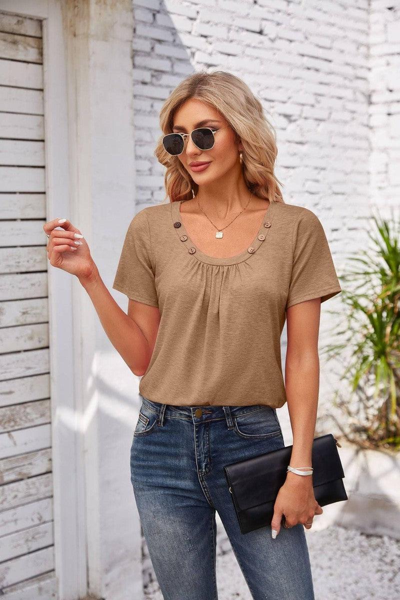 Women's Short-sleeved T-shirt Summer Button Square Collar Pleated Design Solid Color Loose T-shirt Womens Clothing-Khaki-6