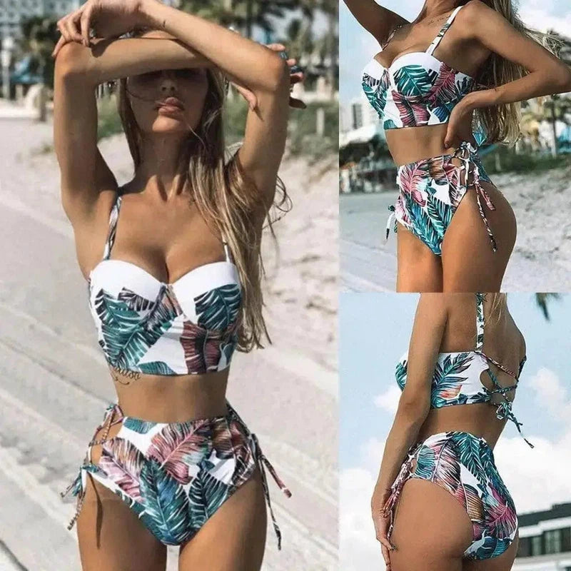 Women's split bikini with leaf print-3