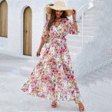 Women's spring/summer elegance printed waist dress-white-4