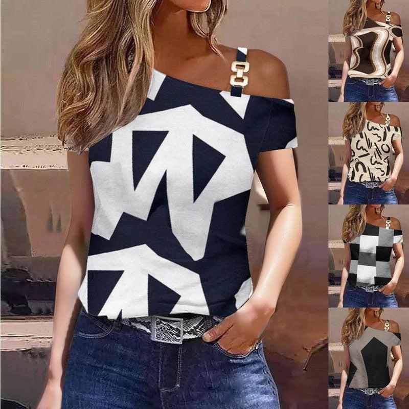 Women's Summer Simplicity Short-sleeved Metal Buckle Printed-1