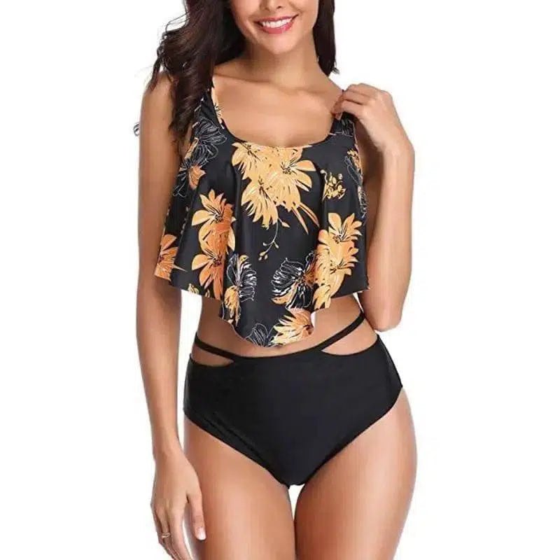 Women's Suspender Retro Print One-piece Swimsuit-Black-1