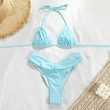 Women's Swimsuit Suit Solid Color Pleated Bikini-Blue-2