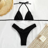 Women's Swimsuit Suit Solid Color Pleated Bikini-Black-5