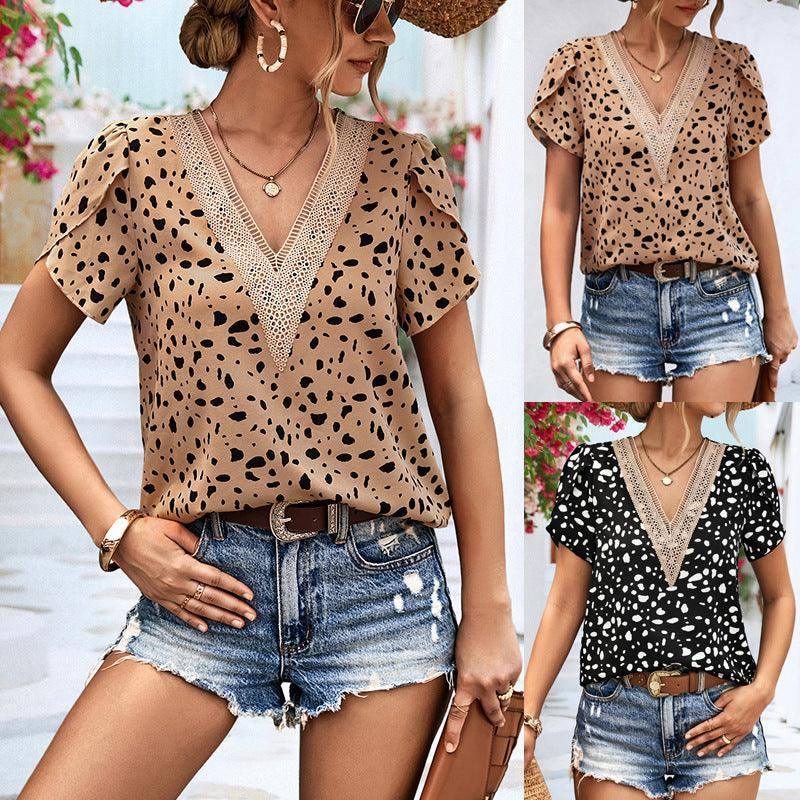 Women's V-neck Lace Printed Shirt-10