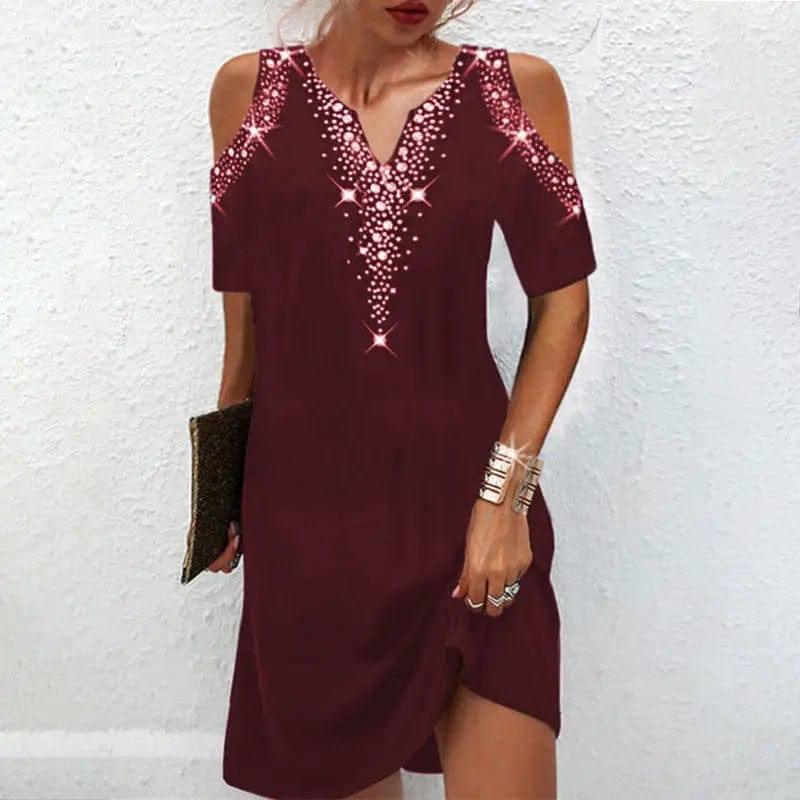 Women's V-Neck Off Shoulder Printed Short Sleeve Dress-Wine Red-3