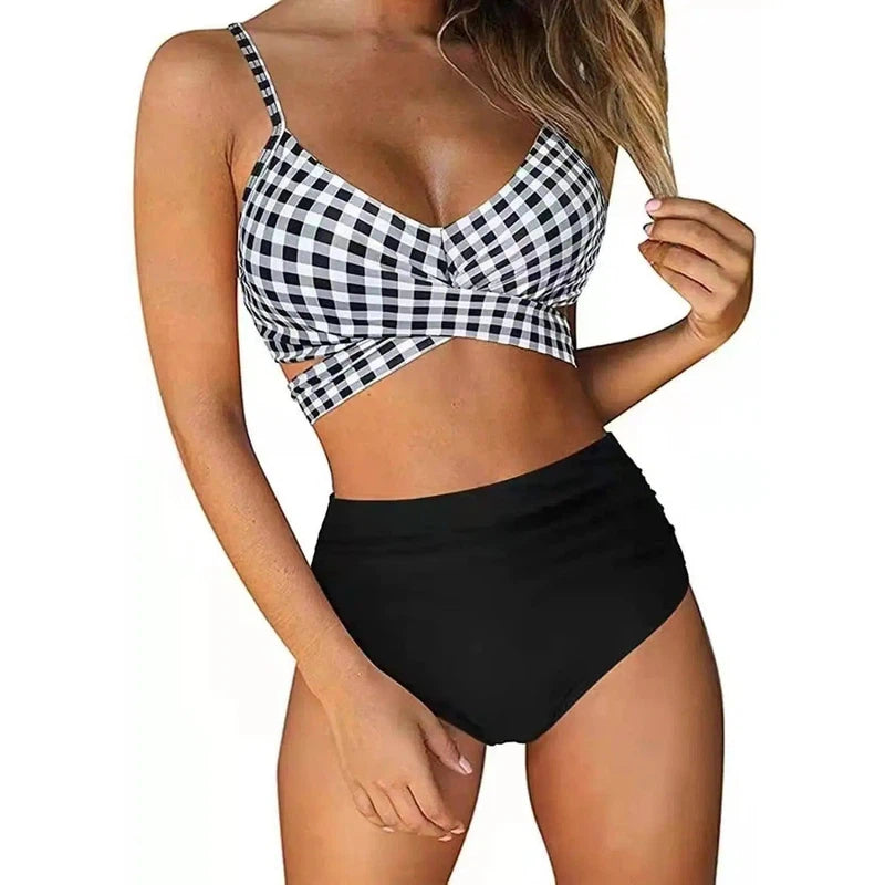 Women Soild Print Bikini Set Push Up Bathing Swimwear-Blackwhite-10