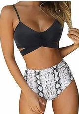 Women Sexy Soild Print Bikini Set Push Up Bathing Swimwear-Black-11