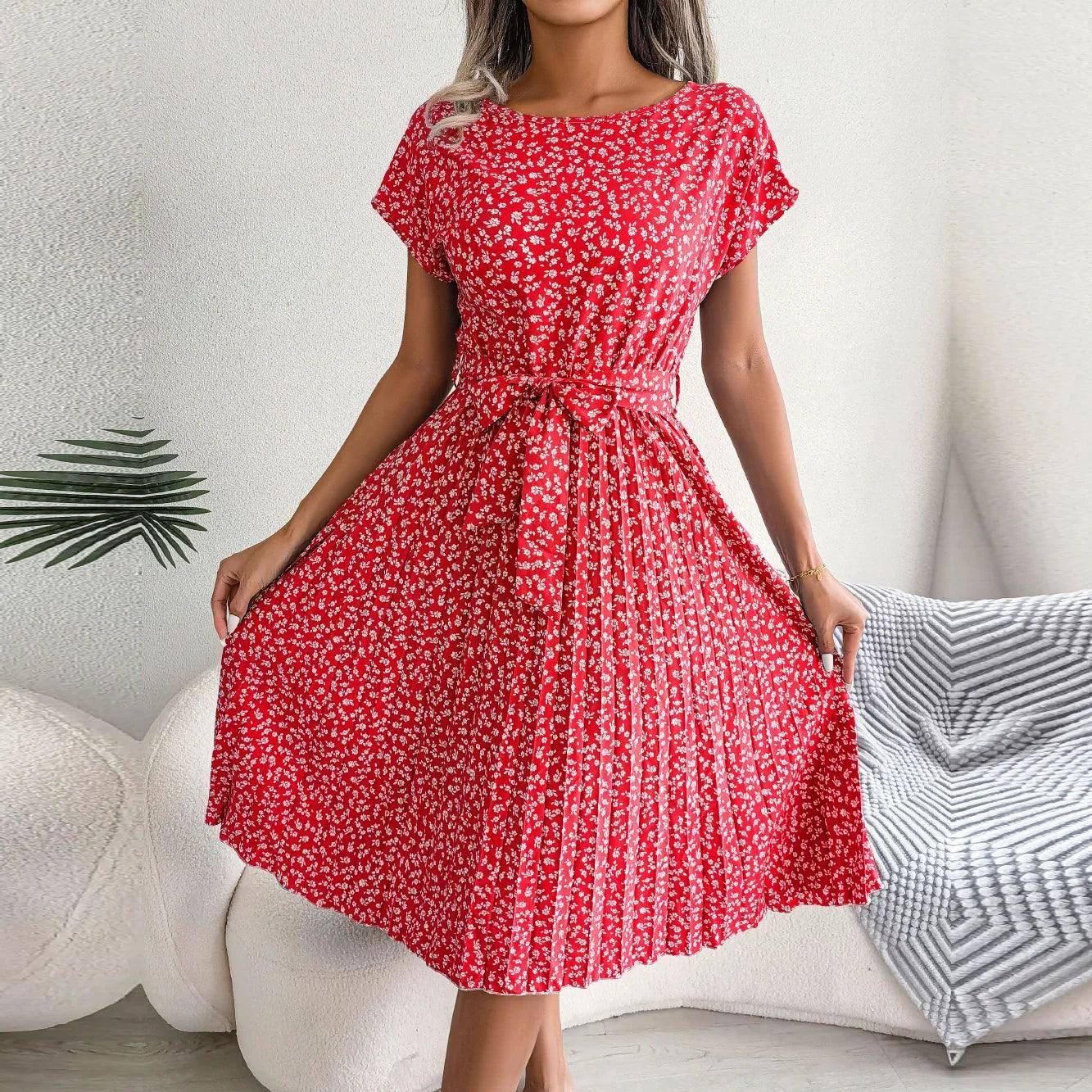 Women Spring Summer Short Sleeve High Waist Chic Dress-Red-7