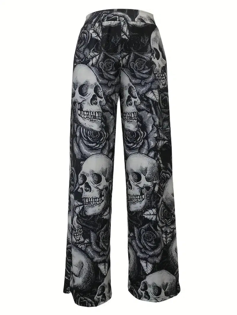 Women Stylish Skulls Printed Wide Leg PanT With Pockets Red / M-5