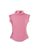 Women Summer Sexy Turtleneck Sleeveless T-Shirts Tops Solid-Pink-10